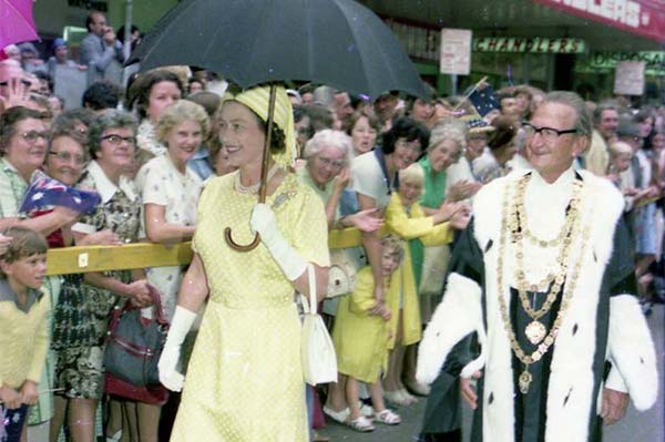 Queen Elizabeth II and Lord Mayor Frank Sleeman meeting people in Adelaide Street - 1977.