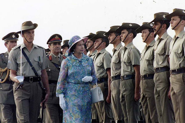 Her Majesty Queen Elizabeth II inspecting the Australian Army parade, Brisbane Airport, 1982
